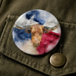 Texas Longhorn Watercolor with Flag Map Art 6 Inch Round Button