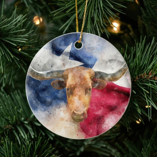 Texas Longhorn Watercolor with Flag Map Art Ceramic Ornament