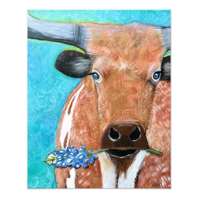 Texas Longhorn with Bluebonnet Photo Print (Front)