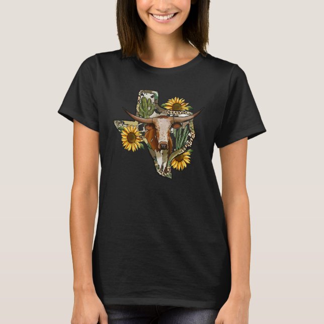 Texas Map Leopard Sunflower Western Texas Cow Long T-Shirt (Front)