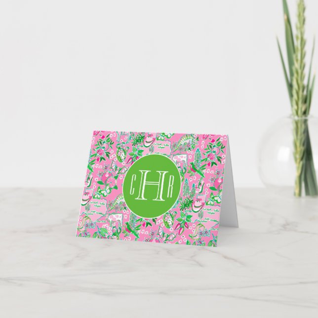 Texas Map Pink & Green Preppy Monogrammed Thank You Card (Front)