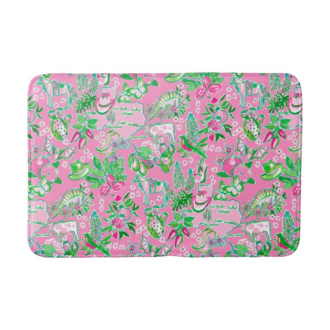 Texas Map Pink & Green Preppy Pattern Bath Mat (Front)