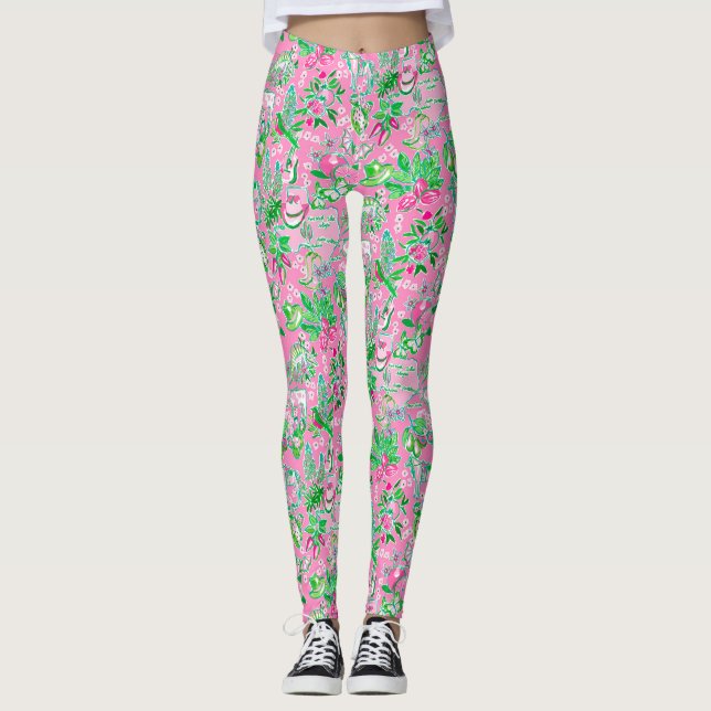 Texas Map Pink & Green Preppy Pattern Leggings (Front)