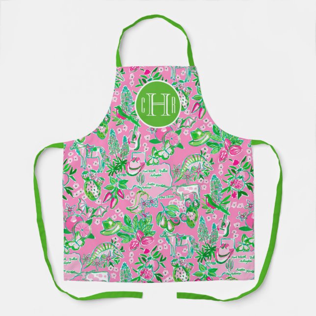 Texas Map Pink & Green Preppy Pattern Monogrammed Apron (Front)