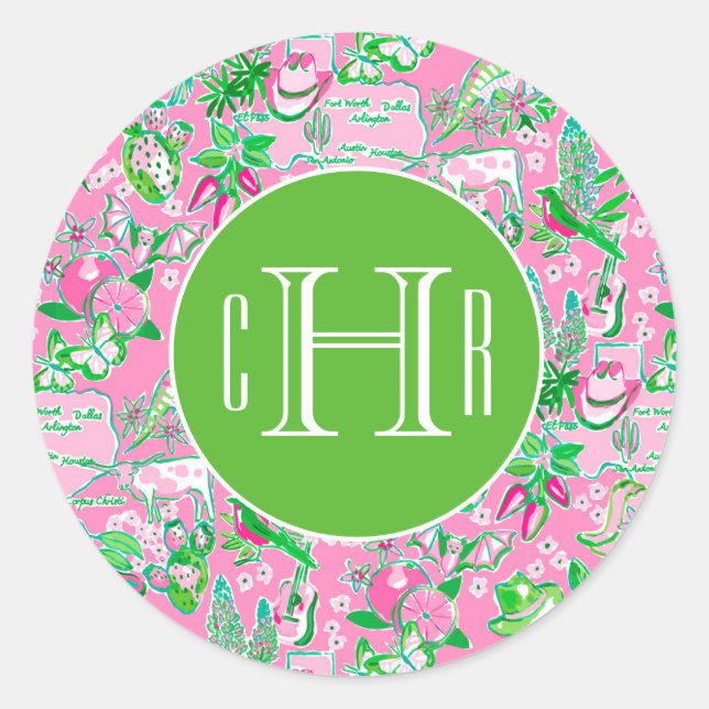 Texas Map Pink & Green Preppy Pattern Monogrammed Classic Round Sticker (Front)