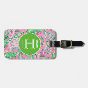 Texas Map Pink & Green Preppy Pattern Monogrammed Luggage Tag