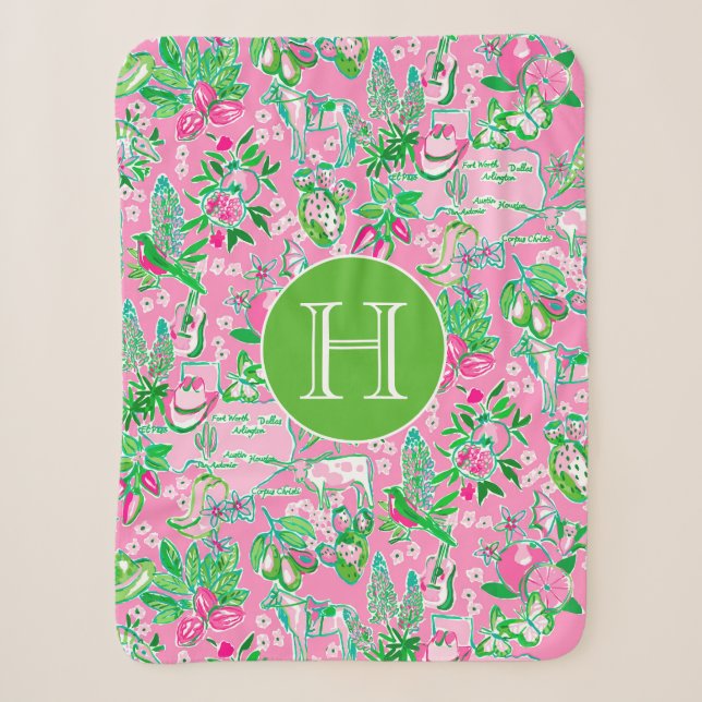 Texas Map Pink & Green Preppy Pattern Monogrammed Sherpa Blanket (Front)