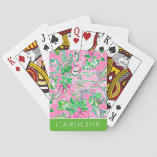Texas Map Pink & Green Preppy Pattern Personalized Playing Cards
