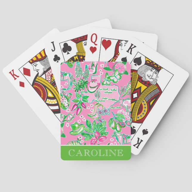 Texas Map Pink & Green Preppy Pattern Personalized Playing Cards (Back)