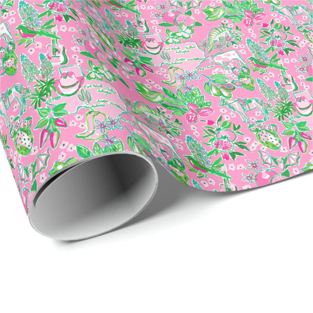 Texas Map Pink & Green Preppy Pattern Wrapping Paper (Roll Corner)