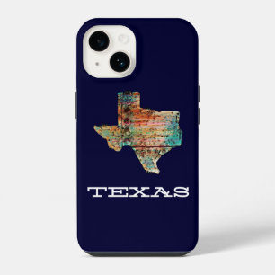 Texas Map Rustic Stained Wood Style on Blue iPhone 14 Case