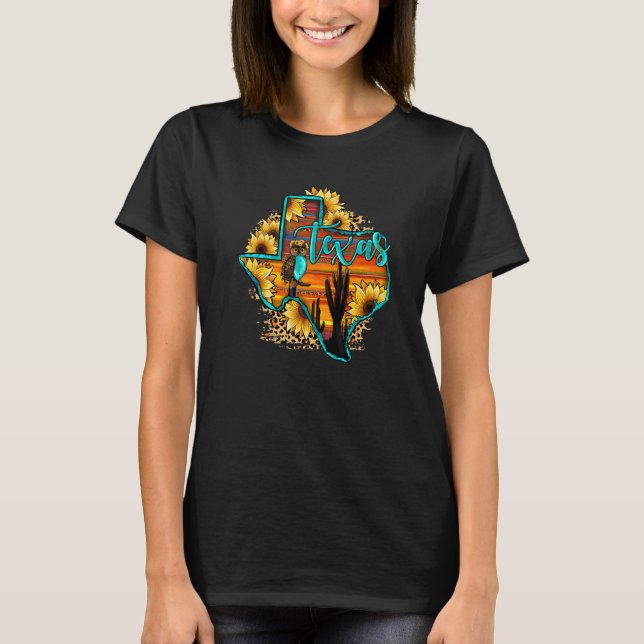 Texas Map Western Cowhide Leopard Sunset Gemstone  T-Shirt (Front)