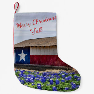 Texas Merry Christmas Y'all Barn And Bluebonnets Small Christmas Stocking