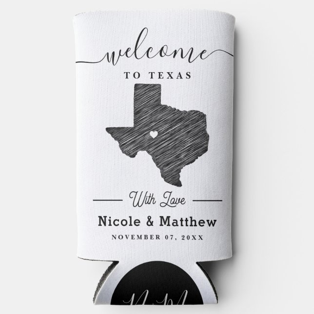 Texas Minimalist Texan Map Wedding Welcome Seltzer Can Cooler (Front)