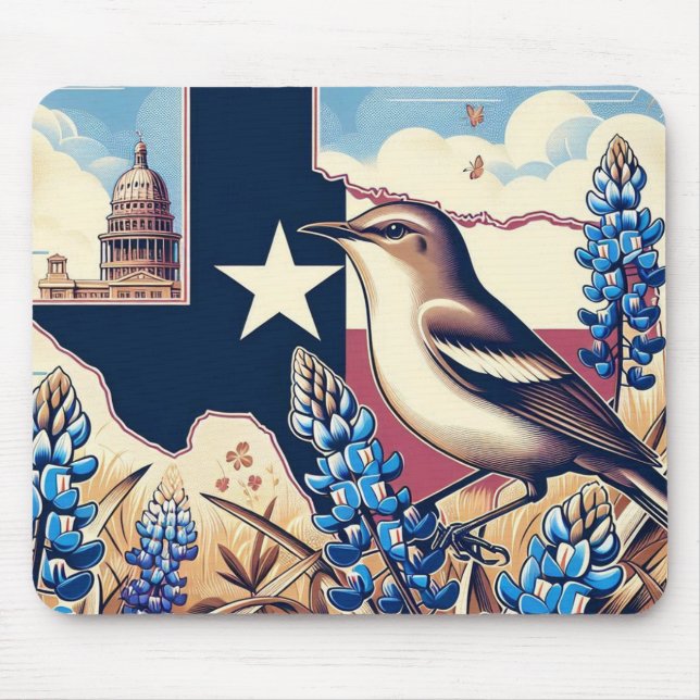 Texas Northern Mockingbird and Bluebonnet Flower Mouse Pad (Front)