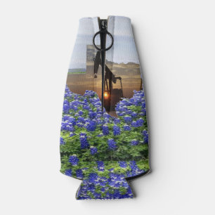 Texas Oil Pump Jack At Sunset On Bluebonnets Bottle Cooler