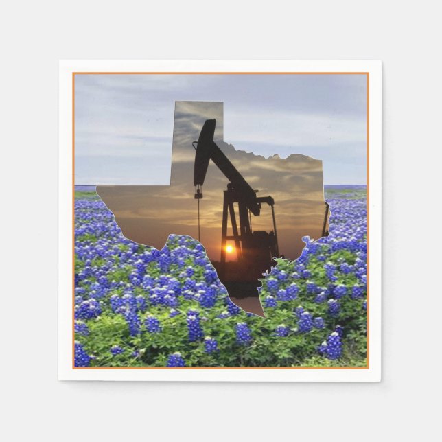 Texas Oil Pump Jack At Sunset On Bluebonnets  Napk Napkin (Front)