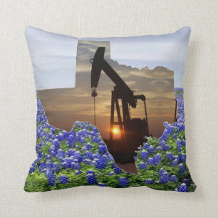 Texas Oil Pump Jack Sunset and Bluebonnets Throw Pillow