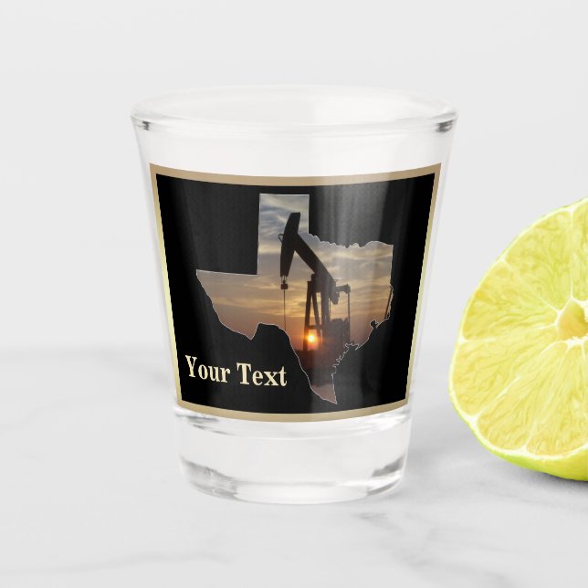 Texas Oil Well Pump Jack  With Sunset Personalized Shot Glass (Front)