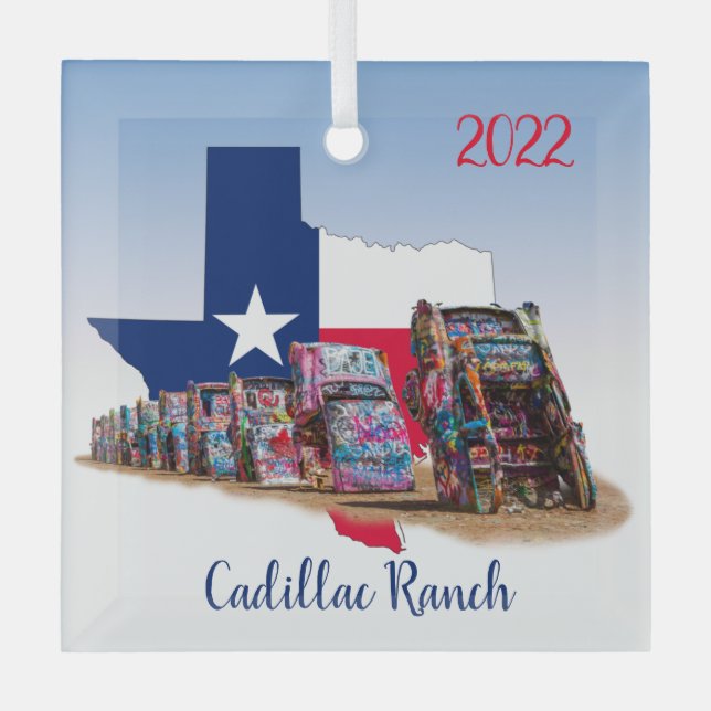 Texas outline & Cadillac Ranch Cars Glass Ornament (Front)