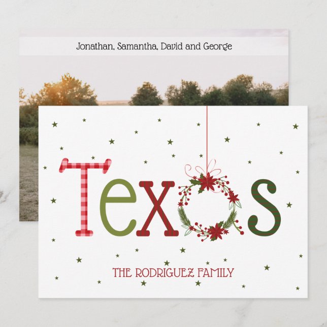 Texas Patterned Letters and Poinsettia Wreath Holiday Card (Front/Back)