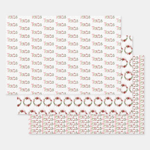 Texas Patterned Letters and Poinsettia Wreath Wrapping Paper Sheet