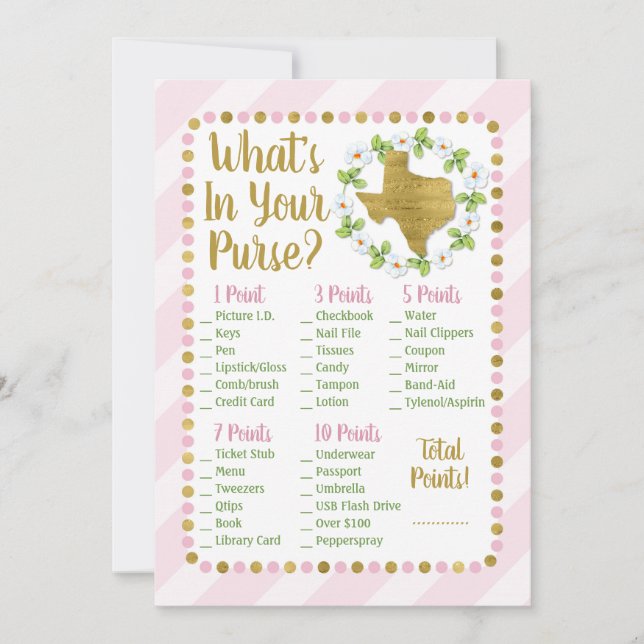 Texas Pink Gold What's In Your Purse Shower Game Invitation (Front)