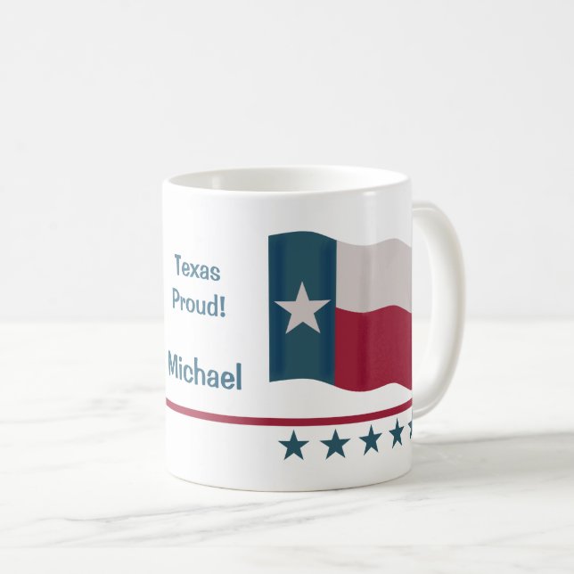 Texas Proud Lone Star Flag Name Personalized White Coffee Mug (Front Right)