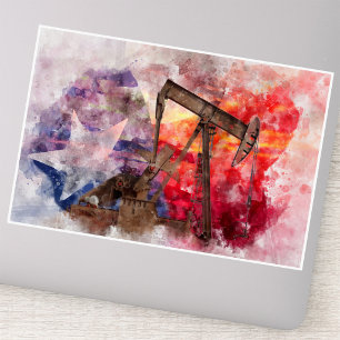 Texas Pumpjack Watercolor with Texas Flag Art