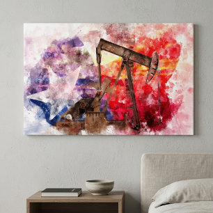 Texas Pumpjack Watercolor with Texas Flag Art Canvas Print