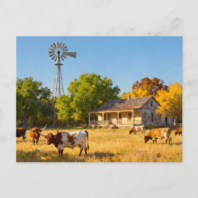 Texas Ranch House and Longhorns in Fall Postcard (Front)