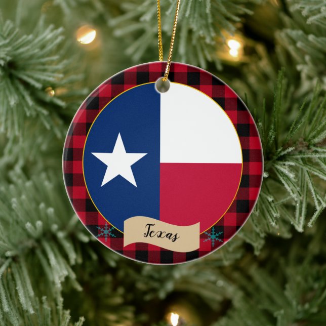 Texas, Red buffalo plaid & Texas Flag, USA Ceramic Ornament (Tree)