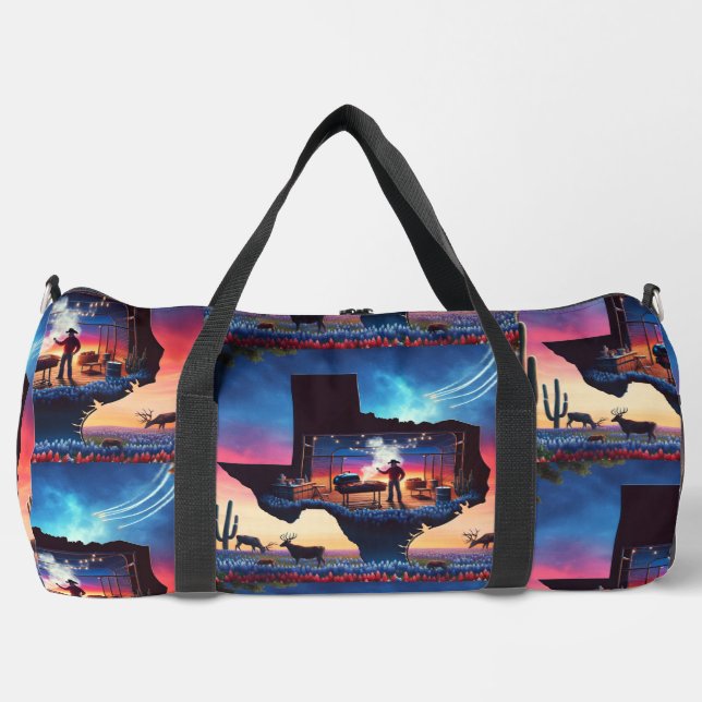 Texas Shape BBQ Pit Cowboy Deer Sunset Duffle Bag (Front)