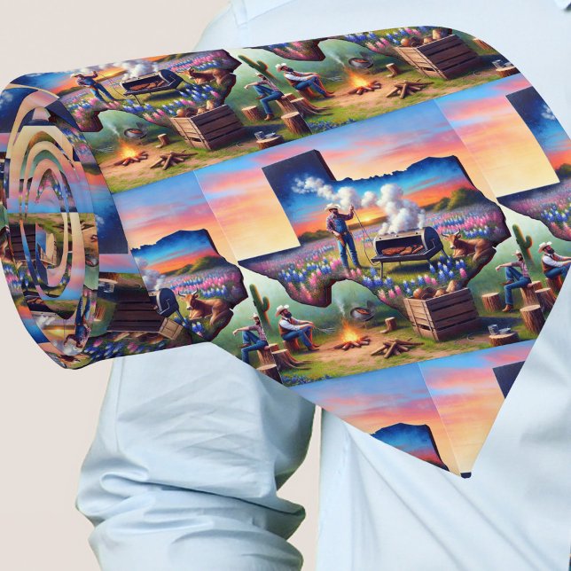 Texas Shape Cowboys BBQ Pit And Campfire Tie (Texas Necktie with Texas shape, a cowboy, BBQ pit and a sunset, There are  cowboys around campfire)
