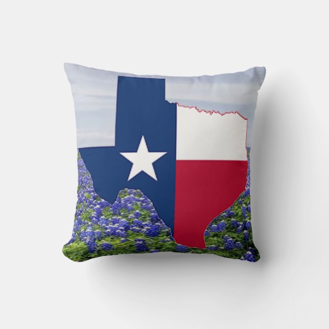 Texas Shape Flag and Bluebonnets Throw Pillow (Front)