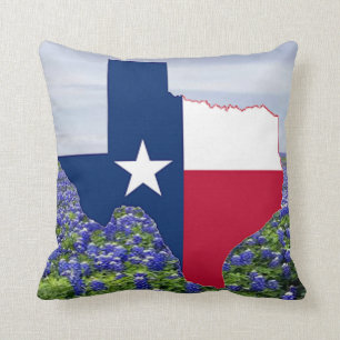 Texas Shape Flag and Bluebonnets Throw Pillow
