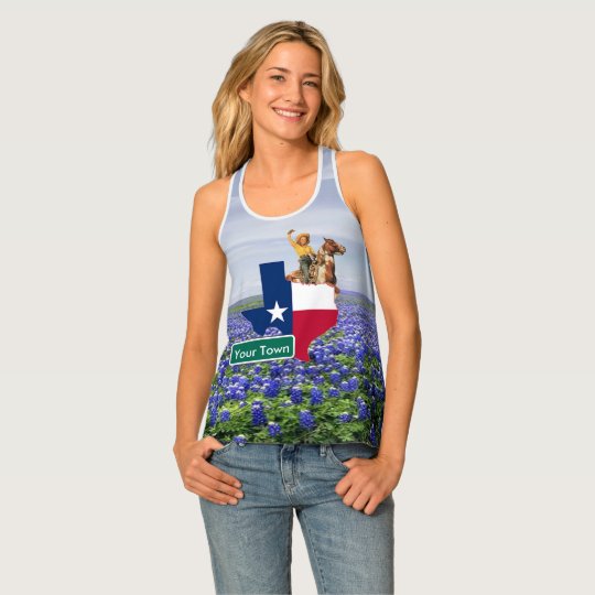 Texas Shape Flag Cowgirl and Custom Road Sign Tank Top