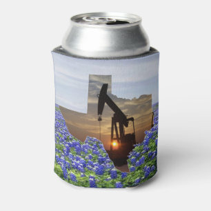 Texas Shape Oil Pump Jack At Sunset Bluebonnets Can Cooler