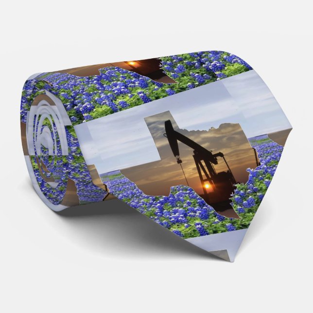 Texas Shape With Oil Pump Jack And Bluebonnets Tie (Rolled)