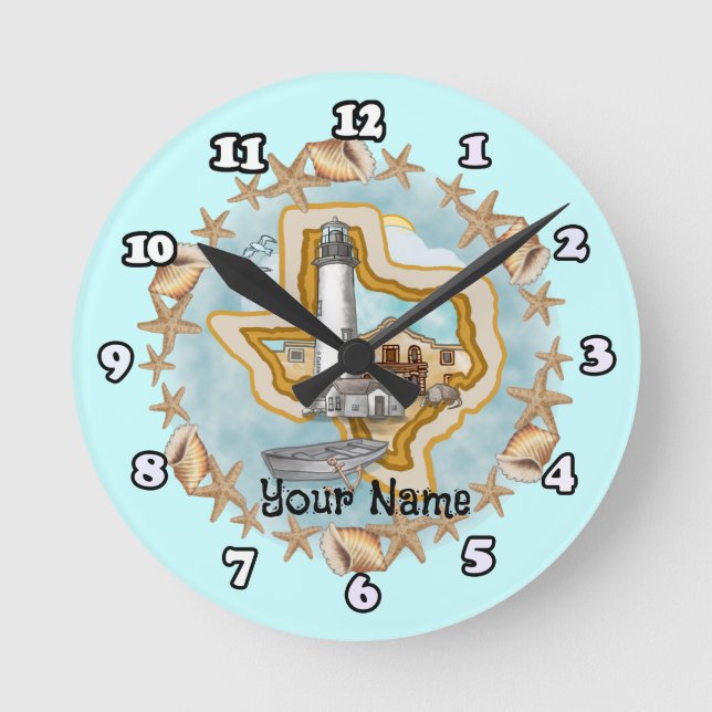 Texas Shells Lighthouse  Round Clock (Front)