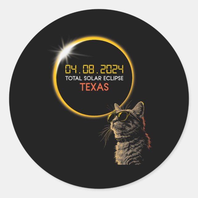 Texas Solar Eclipse 2024 Cat Wearing Solar Eclipse Classic Round Sticker (Front)