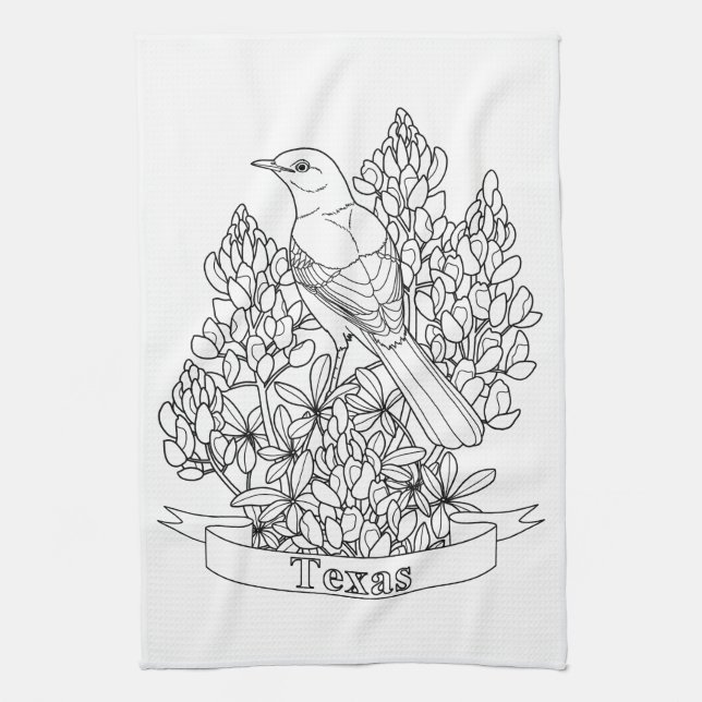 Texas State Bird & Flower Colouring Page Kitchen Towel (Vertical)