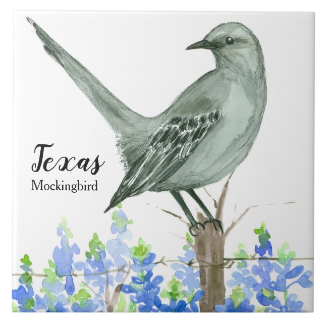 Texas State Bird Mockingbird Bluebonnet Tile (Front)