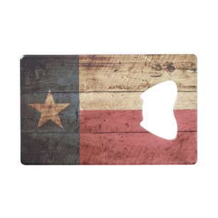 Texas State Flag on Old Wood Grain Credit Card Bottle Opener