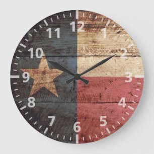 Texas State Flag on Old Wood Grain Large Clock