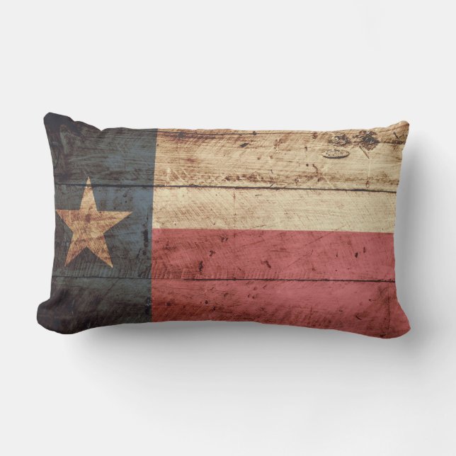Texas State Flag on Old Wood Grain Lumbar Pillow (Front)