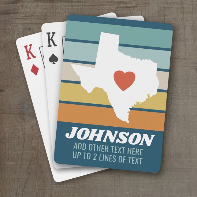 Texas State Map Art - Custom Name Wedding Reunion Playing Cards (Personalized Playing Cards with a State Map, Movable Heart and Name)
