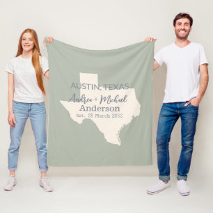 Texas State Map Couple Name and Date Wedding Fleece Blanket