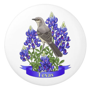 Texas State Mockingbird & Bluebonnet Flower Ceramic Knob
