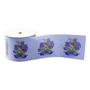 Texas State Mockingbird & Bluebonnet Flower Grosgrain Ribbon